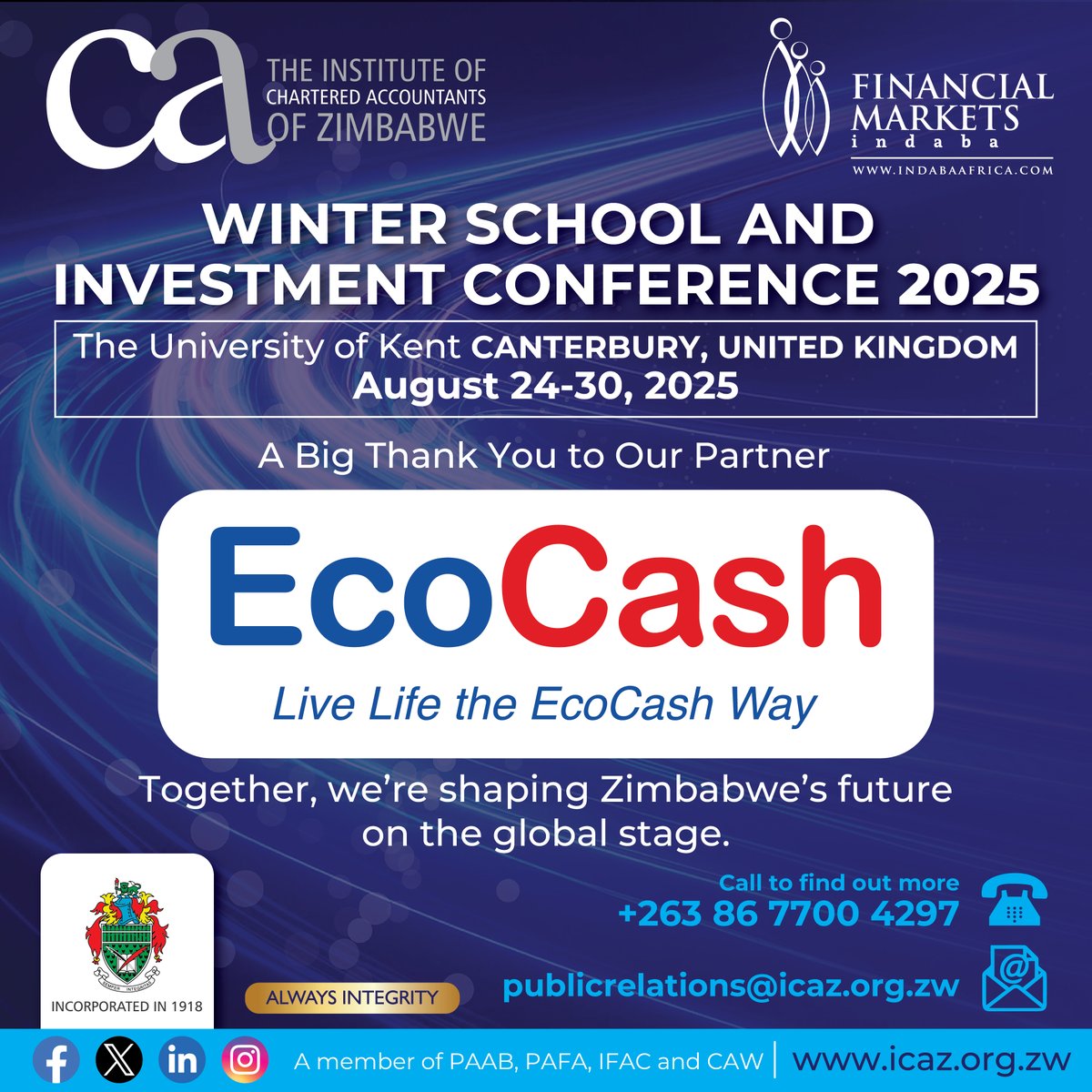 ICAZ (@icazicaz) on Twitter photo A Big Thank You to Our Partner – <a href="/EcoCashZW/">EcoCash Zimbabwe</a>
Your support for the Winter School and Investment Conference 2025 is helping shape Zimbabwe’s future on the global stage
<a href="/EcoCashZW/">EcoCash Zimbabwe</a> is Zimbabwe’s leading mobile payment solution, empowering users to send & receive money & pay bills A Big Thank You to Our Partner – <a href="/EcoCashZW/">EcoCash Zimbabwe</a>
Your support for the Winter School and Investment Conference 2025 is helping shape Zimbabwe’s future on the global stage
<a href="/EcoCashZW/">EcoCash Zimbabwe</a> is Zimbabwe’s leading mobile payment solution, empowering users to send & receive money & pay bills