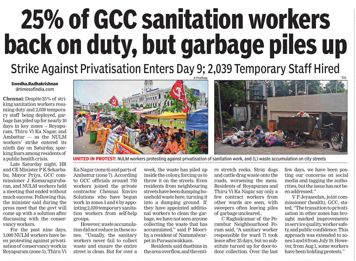 Despite 2,039 temp staff &amp; 25% workers back from protest, garbage remains uncleared in several areas in Royapuram and Thiru Vi Ka Nagar zones as NULM strike against sanitation privatisation enters Day 10, sparking public health concerns <a href="/chennaicorp/">Greater Chennai Corporation</a>