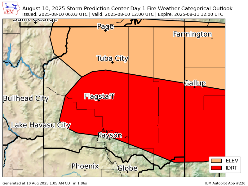 #SPC issues Day 1 Isolated Dry Thunderstorm Fire Weather Risk at Aug 10, 6:03z for FGZ spc.noaa.gov/products/fire_…