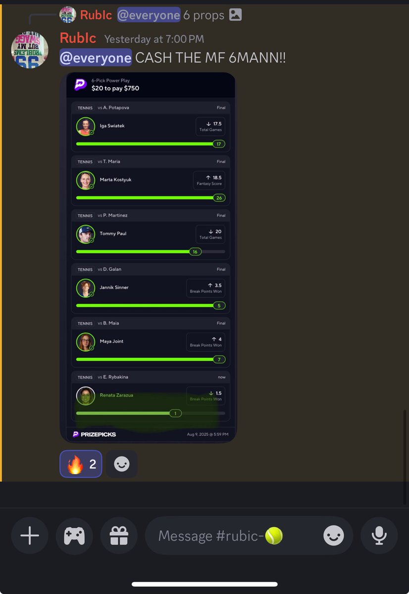 BANGGGG CASH THE 6 man tennis 

☢️☢️☢️

<a href="/Rublc_/">Rublc</a> ✅⛹🏽‍♂️

Join free discord

discord.gg/dPqefFDR 

#PrizePicks #MLBPicks #GamblingX #TennisPicks