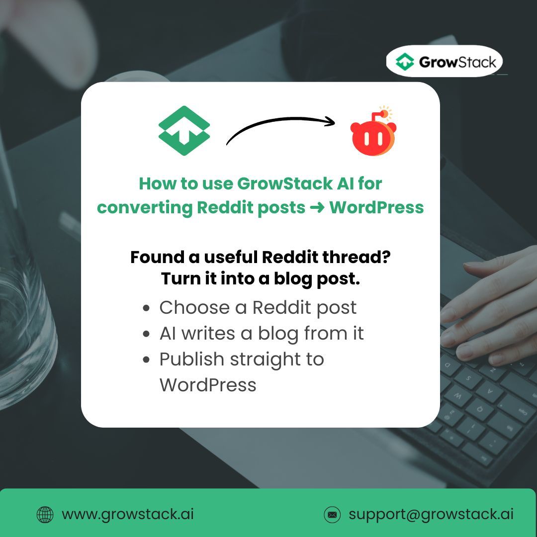 GrowStack AI (@growstackai) on Twitter photo From Reddit to ready-to-publish in minutes. 📄✨
GrowStack AI turns community conversations into blog posts for your WordPress — no copy-paste, no stress."
growstack.ai 📩 support@growstack.ai
#GrowStackAI #RedditToBlog #ContentCreation #WordPressBlogging #AIContent From Reddit to ready-to-publish in minutes. 📄✨
GrowStack AI turns community conversations into blog posts for your WordPress — no copy-paste, no stress."
growstack.ai 📩 support@growstack.ai
#GrowStackAI #RedditToBlog #ContentCreation #WordPressBlogging #AIContent
