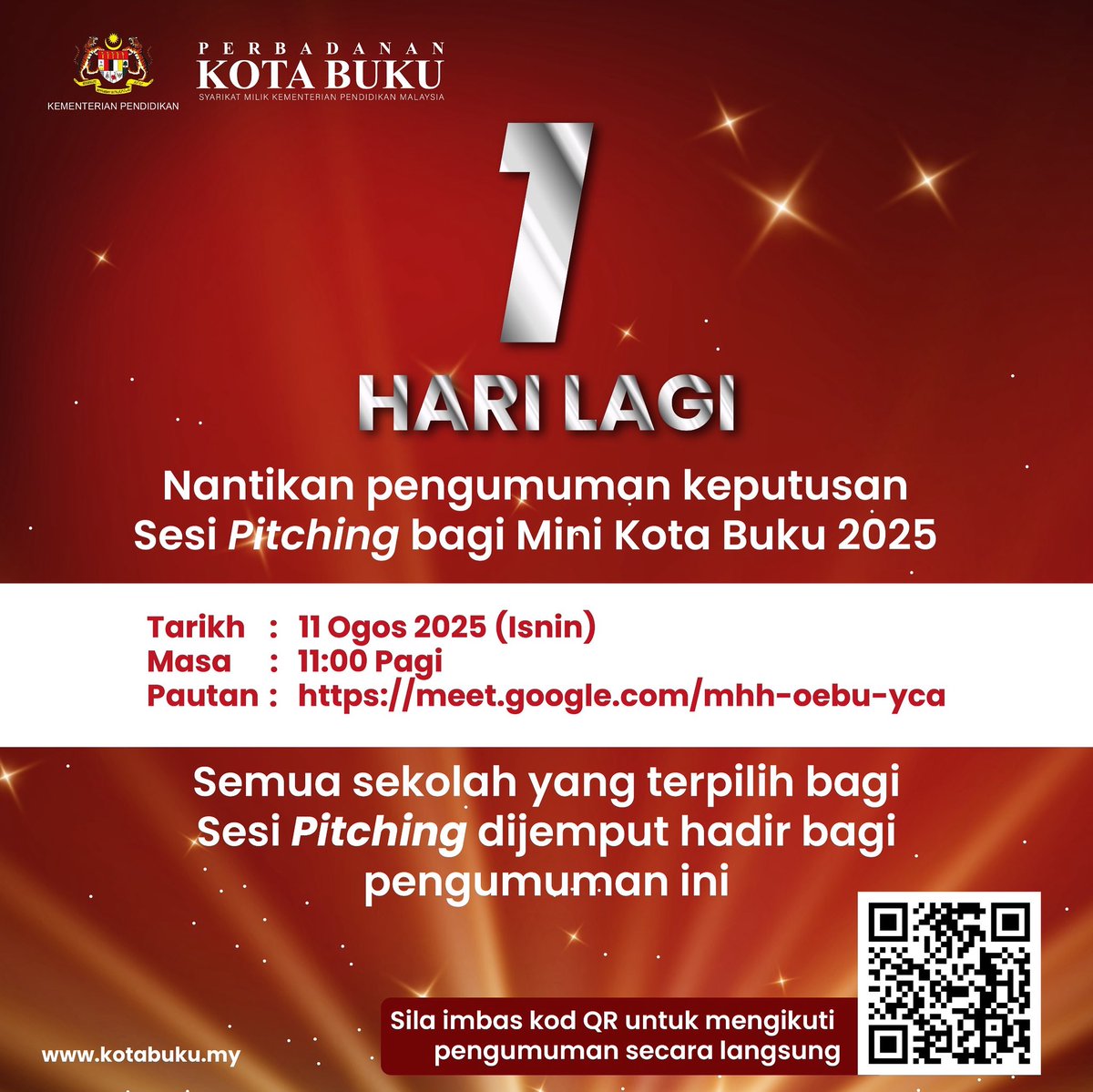 Satu hari lagi! Nantikan pengumuman keputusan sesi pitching Mini Kota Buku 2025. Jangan ketinggalan untuk mengikuti sesi pengumuman ini menerusi pautan yang disediakan. Semua sekolah yang terpilih bagi sesi pitching dijemput hadir.

#MiniKotaBuku2025 #PKB