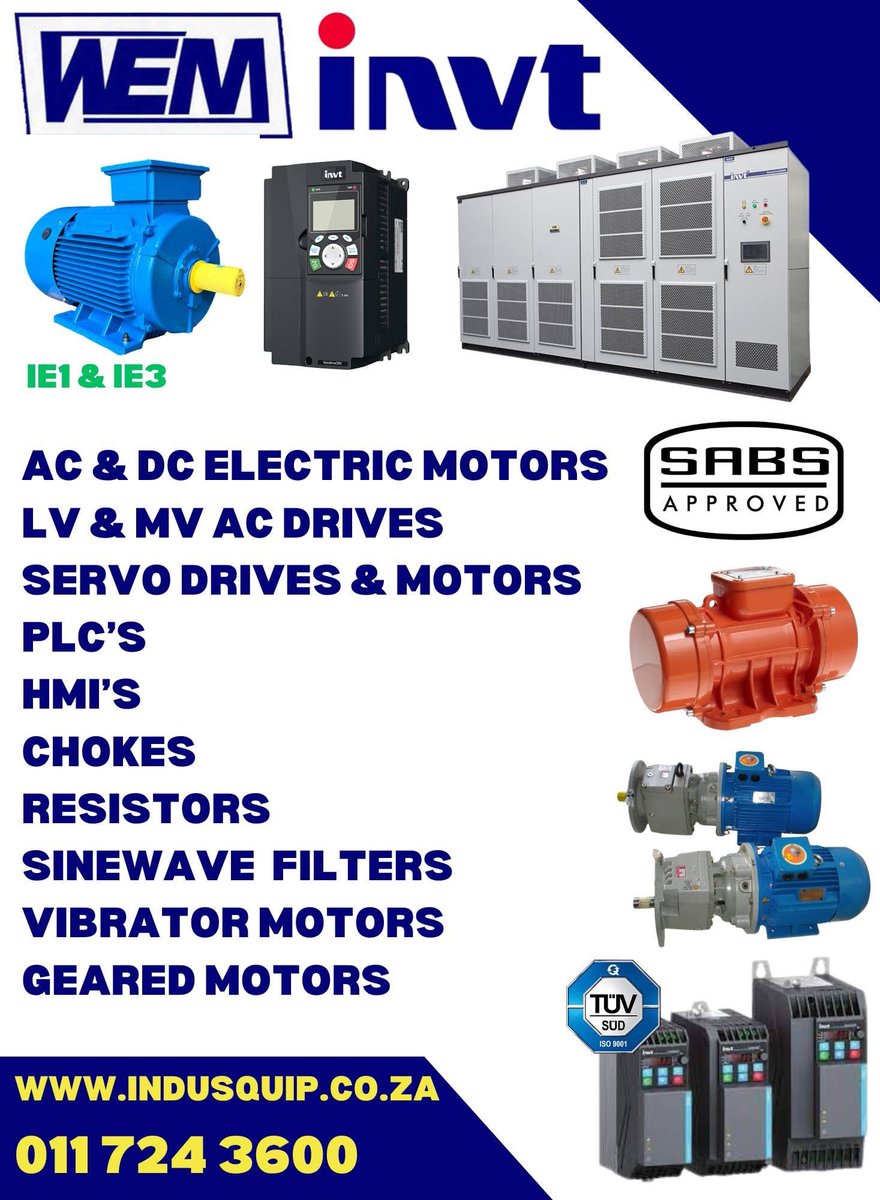⚙ Indusquip WEM Electric Motors &amp; INVT AC Drives — your trusted 40-year partner in Africa and beyond.

We deliver the highest-quality, SABS-certified and Explolabs-certified IE1 &amp; IE3 WEM Electric Motors—built for reliability

✉ Email: sales@indusquip.co.za