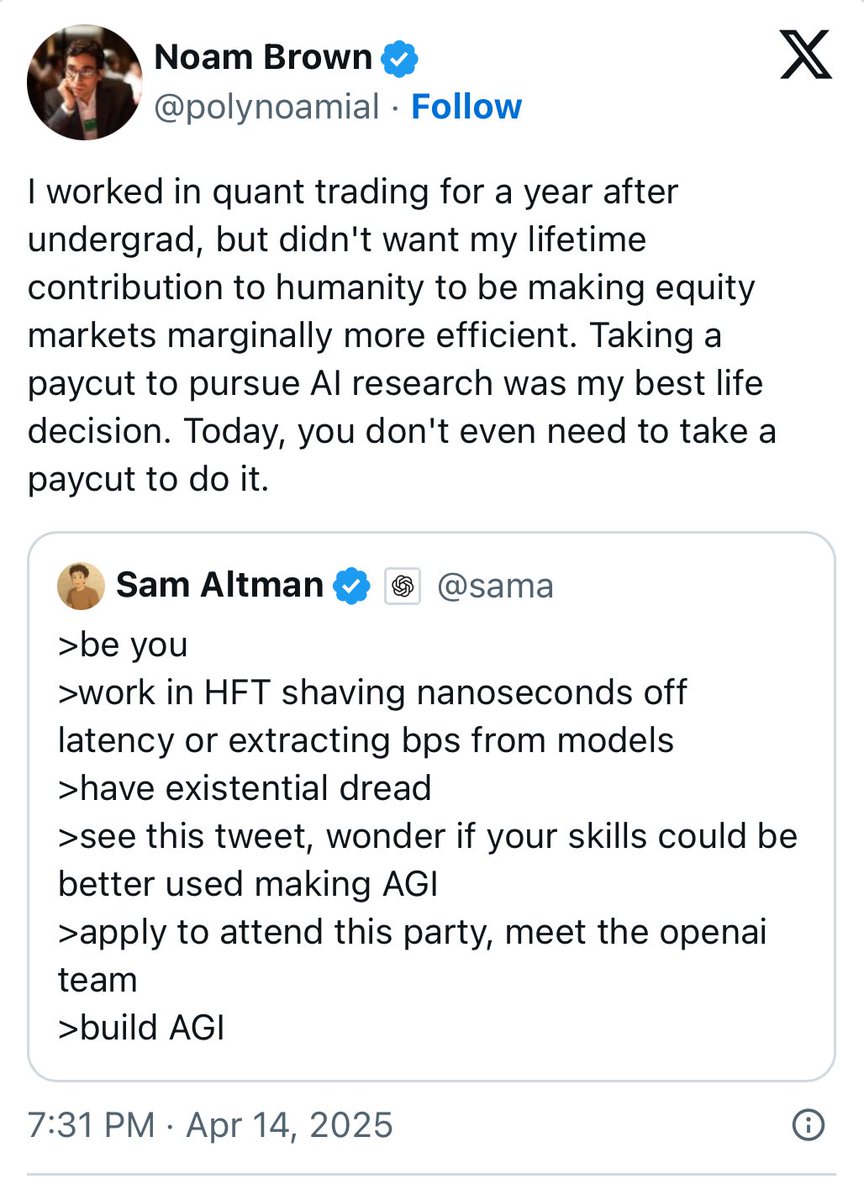 NEWS: AGI labs have started poaching talent from quant firms offering competitive pay and benefits

&gt; Entry-level quants are eligible for base salaries of as much as $300,000
&gt; Wall Street is attempting to hit back against the poaching attempts

LMAO 
ITS HAPPENING