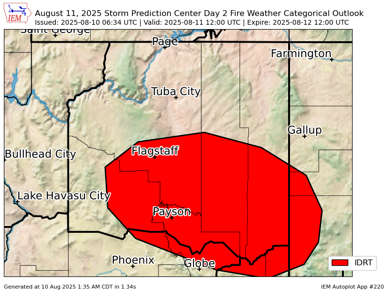 #SPC issues Day 2 Isolated Dry Thunderstorm Fire Weather Risk at Aug 10, 6:34z for FGZ spc.noaa.gov/products/fire_…