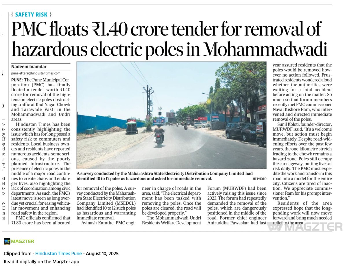 Mohammadwadi-Undri Residents Wel. Dev. Foundation (@murwdfoundation) on Twitter photo #KUCHTOKARApmc
#2yearsearly
<a href="/navalMH/">Naval Kishore Ram</a> <a href="/PMCPune/">PMC Care</a>
At long last an impediment on the road, sees the possibility of being shifted. Citizens have waited patiently after taking up this issue almost 2 years ago with Authorities. Thank you <a href="/htTweets/">Hindustan Times</a>
Better times we hope for the area #KUCHTOKARApmc
#2yearsearly
<a href="/navalMH/">Naval Kishore Ram</a> <a href="/PMCPune/">PMC Care</a>
At long last an impediment on the road, sees the possibility of being shifted. Citizens have waited patiently after taking up this issue almost 2 years ago with Authorities. Thank you <a href="/htTweets/">Hindustan Times</a>
Better times we hope for the area