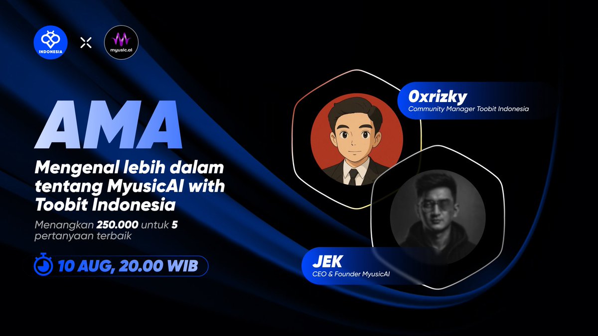 🚨 AMA ALERT! 🚨
 Kenalan lebih dekat sama MyusicAI <a href="/MyusicAi/">Myusic AI</a> 🎶 bareng Toobit Indonesia <a href="/ToobitID/">Toobit Indonesia 🇮🇩</a>!
 💬 Siapkan pertanyaanmu &amp; menangkan 250.000 untuk 5 penanya terbaik 💸

🗓 Minggu, 10 Agustus
⏰ 20.00 WIB 🎙 Oxrizky (<a href="/ToobitID/">Toobit Indonesia 🇮🇩</a>) x JEK (<a href="/MyusicAi/">Myusic AI</a>)
📍 Lokasi: X Space <a href="/ToobitID/">Toobit Indonesia 🇮🇩</a>