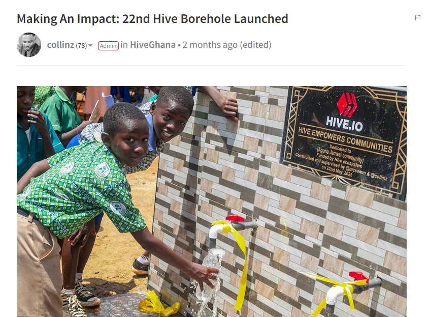 Billionaire continues to get clout for creating 100 wells in africa that he got sponsorship money, adrevenue, followers, etc. 

Hive has created over 22 boreholes at a fraction of Mr Beasts daily earnings yet you don't ever hear about it.