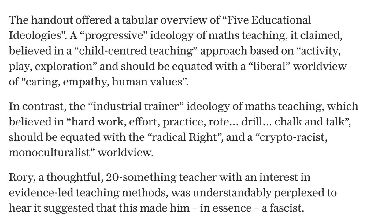 So Nick claims when training Rory Gribbell was given a handout on the philosophy of mathematics ed as evidence that an orthodoxy on what made good teaching was the single biggest barrier to school improvement?

Even if true-just a reminder Rory was on the Teach First Programme…