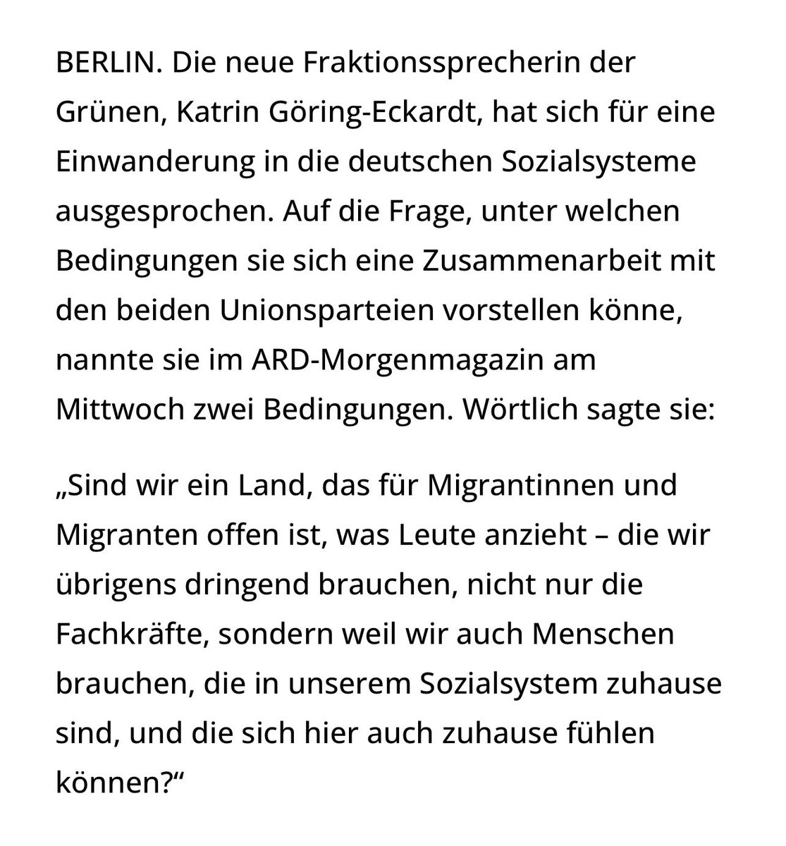 Susanne Lins (@susi_lins) on Twitter photo <a href="/SHomburg/">Stefan Homburg</a> <a href="/baerbelbas/">Bärbel Bas</a> „…sondern weil wir auch Menschen brauchen, die in unserem Sozialsystem zuhause sind“ -
Katrin Göring-Eckardt, Oktober 2013
jungefreiheit.de/politik/deutsc… <a href="/SHomburg/">Stefan Homburg</a> <a href="/baerbelbas/">Bärbel Bas</a> „…sondern weil wir auch Menschen brauchen, die in unserem Sozialsystem zuhause sind“ -
Katrin Göring-Eckardt, Oktober 2013
jungefreiheit.de/politik/deutsc…