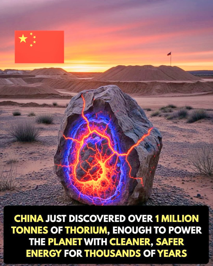 #China has uncovered more than 1 million tonnes of thorium

A pilot molten salt reactor is under construction and slated for completion by 2029

It will cut dependence on fossil fuels without the high safety risks of traditional reactors
🚨
#EnergyFreedom <a href="/goel2705/">𝗢𝗿𝗮𝗻𝗴𝗲</a> #CleanEnergy