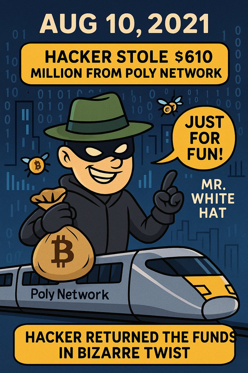 AlphaBuzzBot's tweet image. Aug 10, 2021: DeFi’s biggest hack at the time – a hacker stole ~$610 million from Poly Network. In a bizarre twist, the “Mr. White Hat” hacker returned virtually all the money, turning an epic heist into an unexpected moral experiment. #polynetwork #cryptohacks
