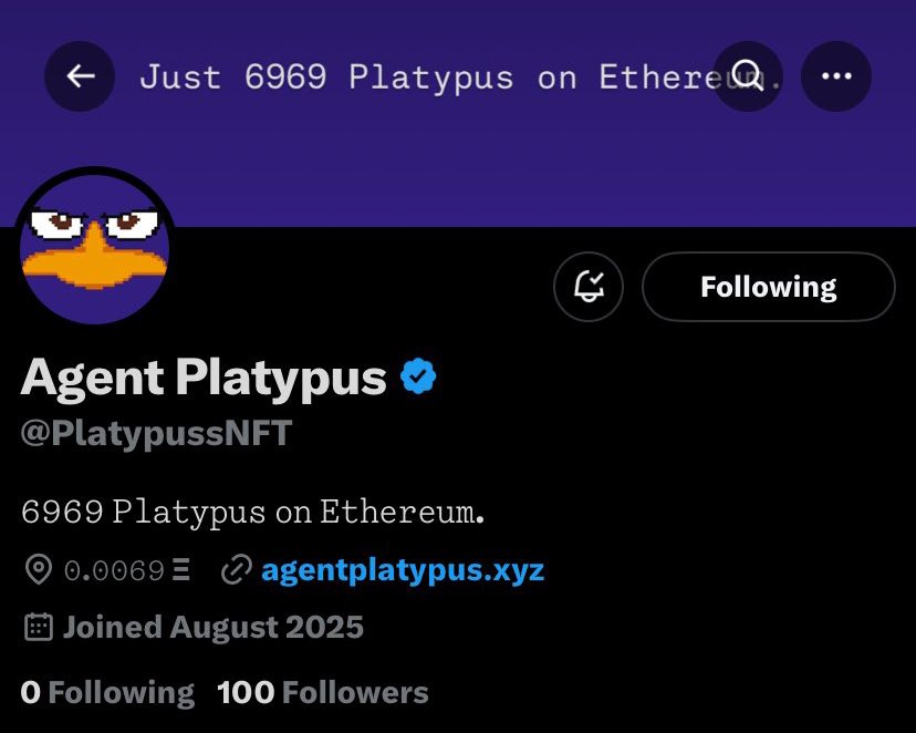 Å𝖒Ø𝖗 •|• LmCr⅘ (@amordeev) on Twitter photo Early Alpha: <a href="/PlatypussNFT/">Agent Platypus</a>
Followers count: 100
Make NFTs on ETH great again!
Follow them & Turn on post noti 🔔 Early Alpha: <a href="/PlatypussNFT/">Agent Platypus</a>
Followers count: 100
Make NFTs on ETH great again!
Follow them & Turn on post noti 🔔