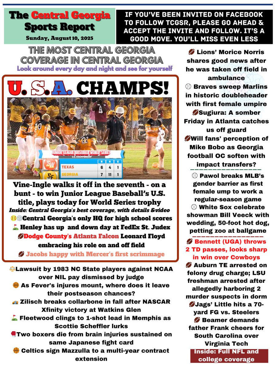 "I miss the morning sports section". Well, here it is. Every day. So much coverage.
Vine-Ingle wins US title, plays for World Series; Russell Henley, <a href="/DODGEFOOTBALL/">Dodge Co. Football</a>'s Leonard Floyd; <a href="/MercerFootball/">Mercer Football</a> 
Braves/ump, Falcons, UGA/Bobo
NFL, college football, MLB, golf, NCAA, WNBA,