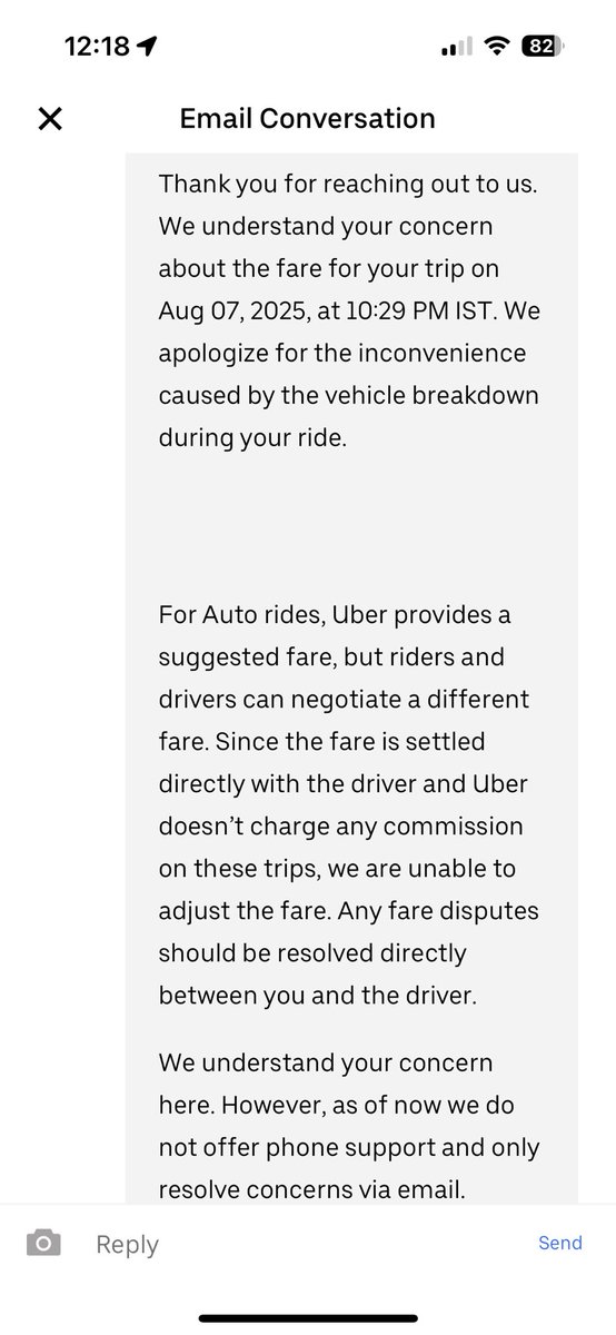 Shaanan's tweet photo. @Uber_India I keep getting the same automated response. No help Whatsoever. What is this customer service ?
1. Card payment enabled
2. A hold charge is put
3. The entire money gets deducted even though the ride was prematurely stopped
4. Automated response from Uber with no fix https://t.co/F2Vw8Cynan