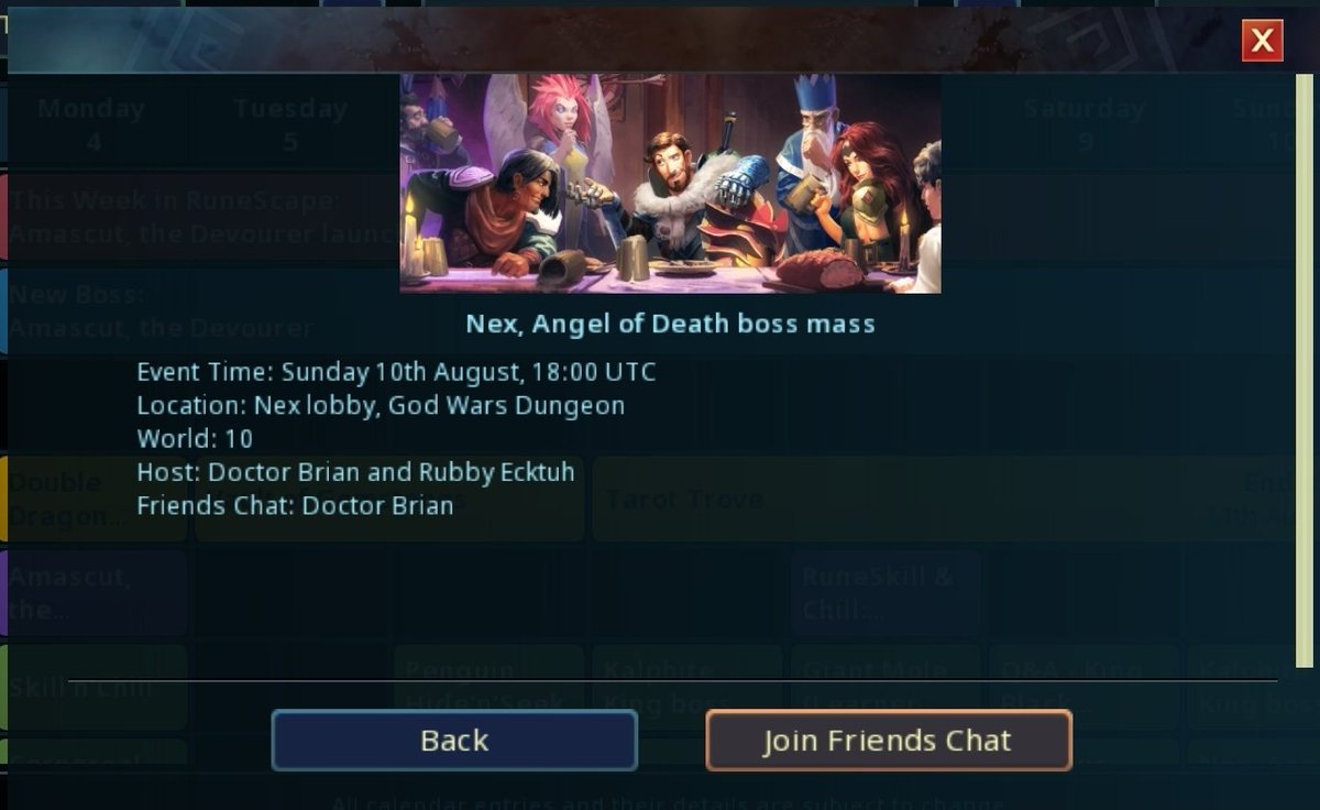 Rubby Ecktuh (@rubby_ecktuh) on Twitter photo Community Sunday Boss Mass ⚔️
You’re invited! Me, <a href="/Doctor_BrianRS/">Doctor Brian 🇳🇱</a> & <a href="/bakkertie2/">Erik - Bakkertie2</a> will be hosting this week’s Community Sunday!
This week’s Boss: Nex – Angel of Death
Get your best gear ready, and we hope to see you today
Today: 18:00 GT
🌍 World: 10
📍 Nex Bank
<a href="/RuneScape/">RuneScape</a> Community Sunday Boss Mass ⚔️
You’re invited! Me, <a href="/Doctor_BrianRS/">Doctor Brian 🇳🇱</a> & <a href="/bakkertie2/">Erik - Bakkertie2</a> will be hosting this week’s Community Sunday!
This week’s Boss: Nex – Angel of Death
Get your best gear ready, and we hope to see you today
Today: 18:00 GT
🌍 World: 10
📍 Nex Bank
<a href="/RuneScape/">RuneScape</a>