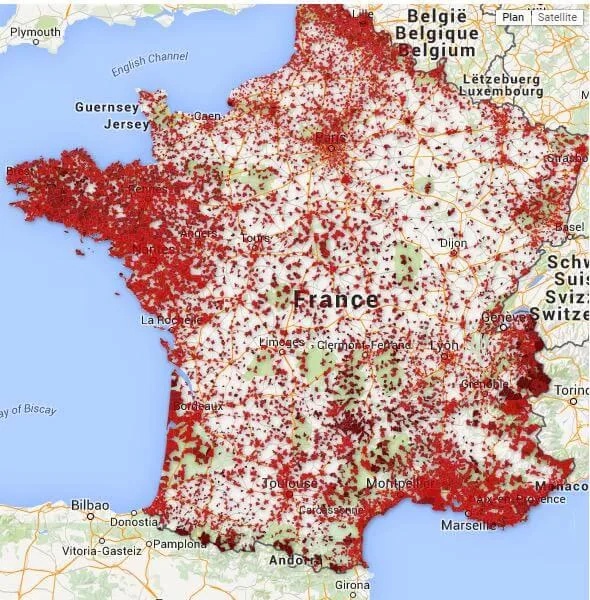 Map of all bars in France primarily serving alcohol