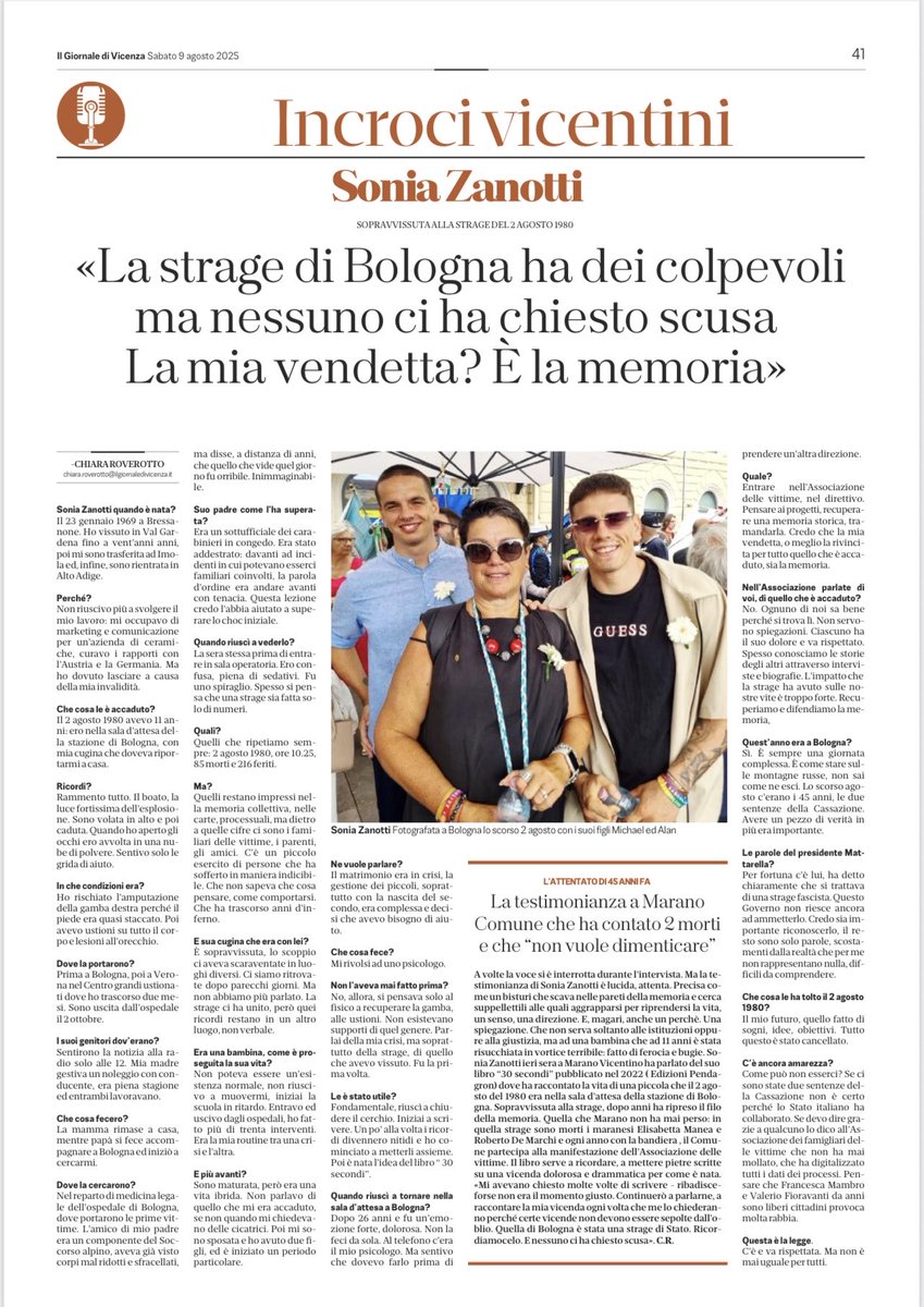 ⁦⁦<a href="/GiornaleVicenza/">Il Giornale di Vicenza</a>⁩ La memoria come forma di resistenza e rivendicazione . La storia di Sonia Zanotti che ad 11 anni si trovavq nella sala d’attesa della stazione di Bologna il 2 agosto del 1980.