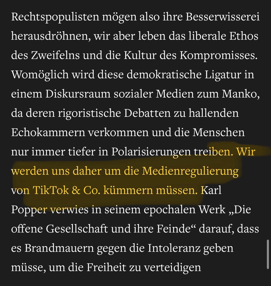 Kulturstaatsminister Weimer wirbt für Tiktok-Regulierung, weil die Aufklärung es auf sozialen Medien schwer hat gegen Rechtspopulisten.

Mit dieser Begründung begibt er sich verfassungsrechtlich auf dünnstes Eis.