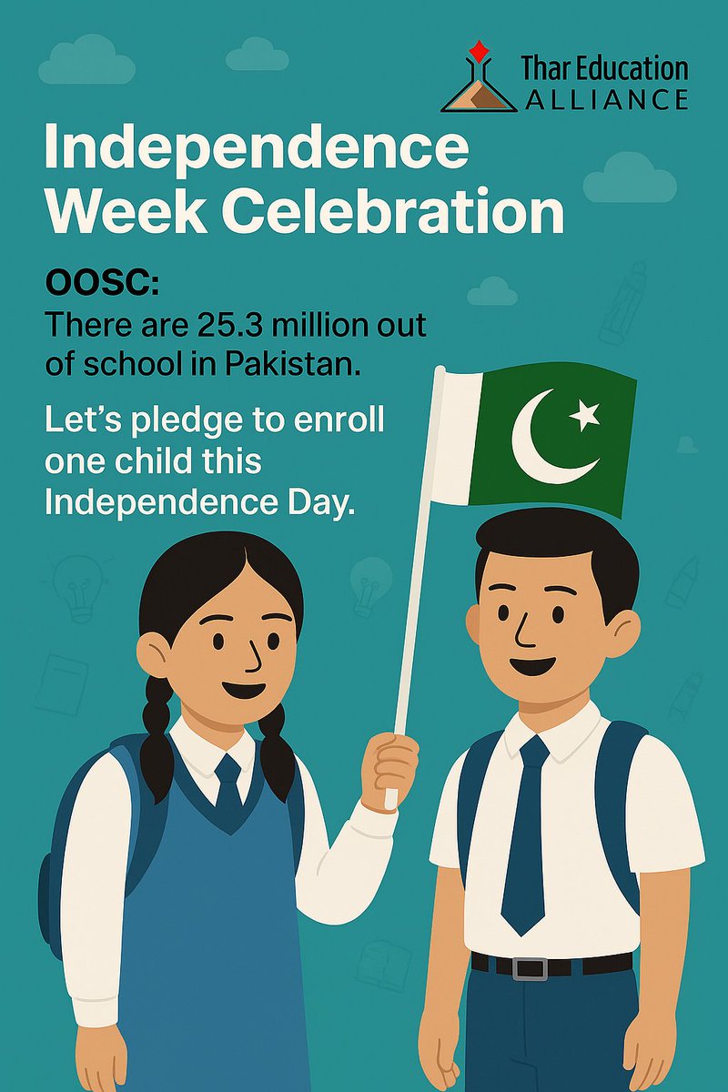 Thar Education Alliance (@tharedualliance) on Twitter photo This #Independence Day, let’s celebrate our freedom with <a href="/TharEduAlliance/">Thar Education Alliance</a> by making a pledge that truly matters to bring every single #OOSC back to school.
Let’s mark our independence with the promise of an educated Pakistan, because true freedom begins with knowledge. This #Independence Day, let’s celebrate our freedom with <a href="/TharEduAlliance/">Thar Education Alliance</a> by making a pledge that truly matters to bring every single #OOSC back to school.
Let’s mark our independence with the promise of an educated Pakistan, because true freedom begins with knowledge.