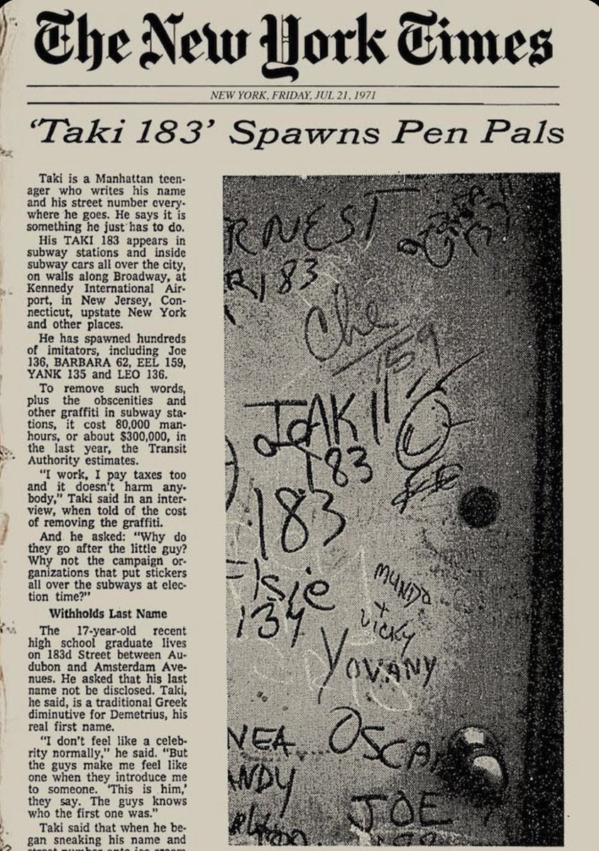 86th/#GM

“ Taki 183 became famous after a New York Times article in 1971. “ 🗞️