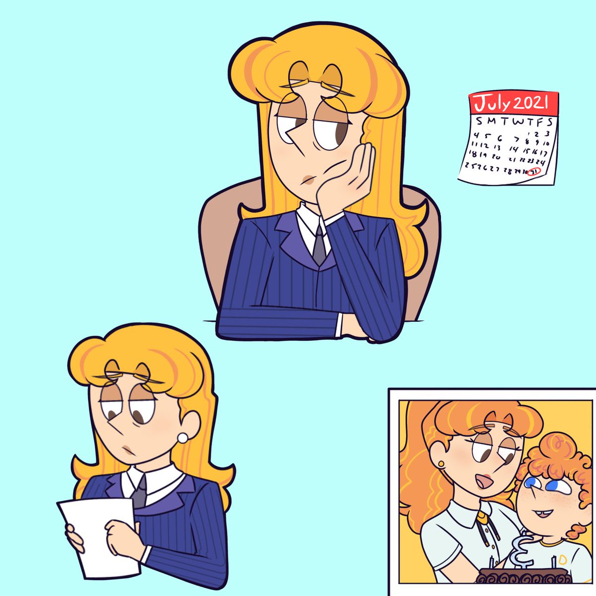"I'm not sure why I still look forward to today. I suppose it's a good reminder of one of my biggest mistakes." 💼💛

(Idk bonus doodles in comments)
#FamilyBusiness #DevDimmadome #EvelynAnderson #fopanw