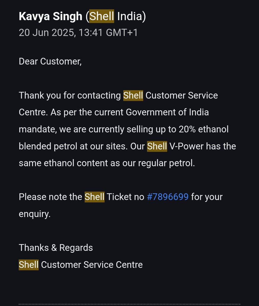 bharatmicrosys's tweet photo. @0x403f4021 @77_pheonix @IndianOilcl @Shell Yes got a confirmed email from Shell that the regular and Vpower both are E20 https://t.co/flqDSCHbzj