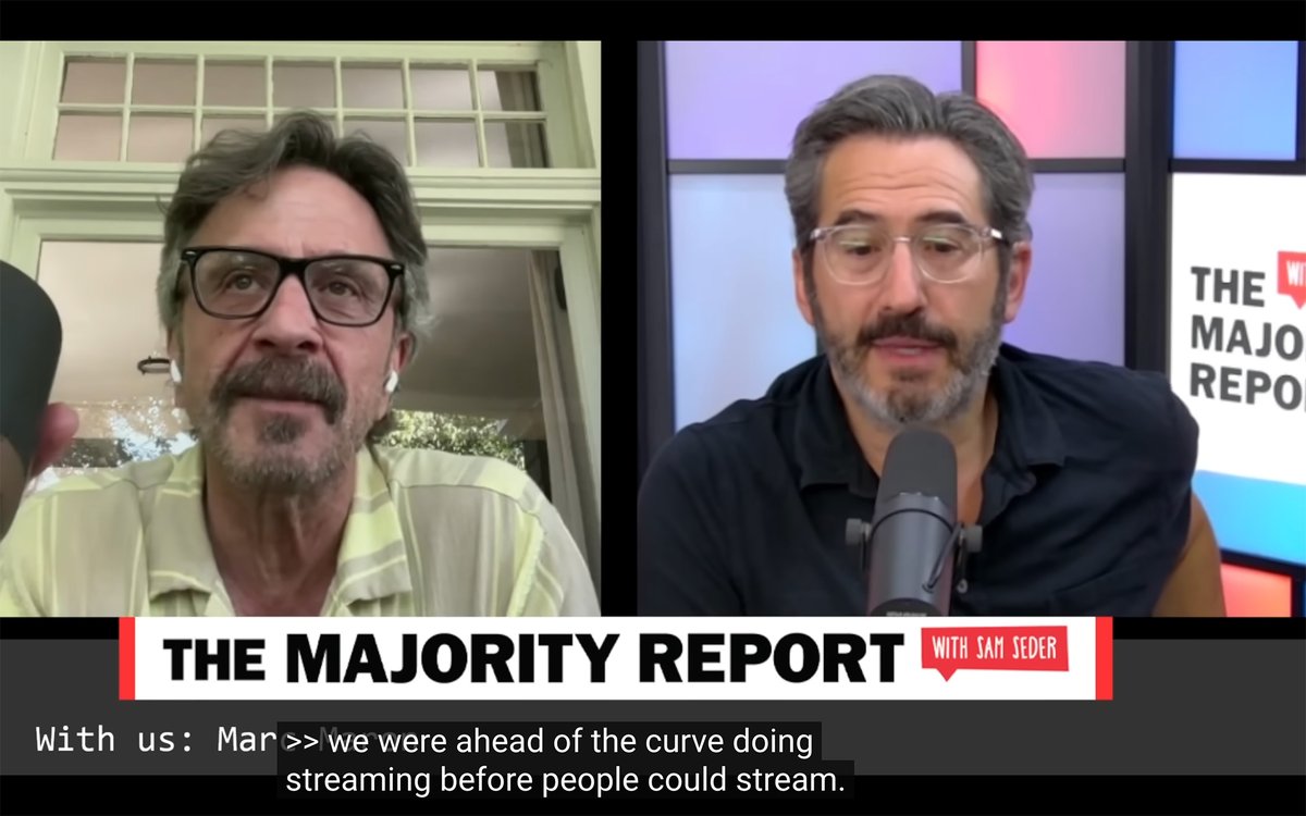 PunditFight's tweet image. "(5m 49s) We were ahead of the curve doing streaming before people could stream. I don't think people really give us credit for that."
– @marcmaron, the godfather of podcasting AND streaming. With 'Breakroom Live with Maron &amp;amp; Seder' and 'Seder VS Maron'.
#MarcMaron #SamSeder