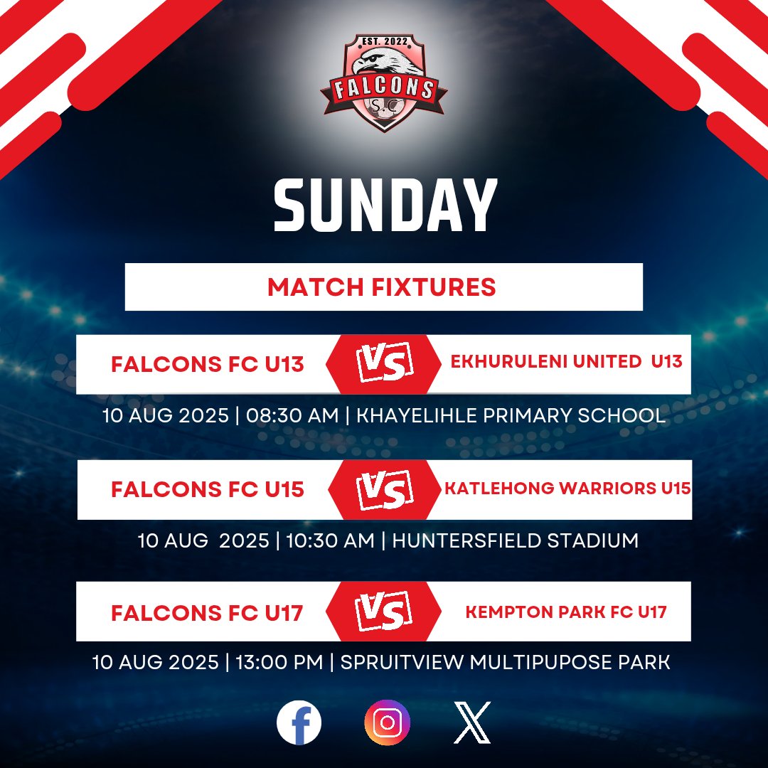 FalconsSC's tweet photo. Our young Falcons step onto the pitch with purpose and pride.  

U13 vs Ekhuruleni United

U15 vs Katlehong Warriors

U17 vs Kempton Park FC

Let’s show up, cheer loud, and support the future of the beautiful game⚽️

#FalconsFC #SundayFixtures #CommunityThroughSport #YouthSoccer https://t.co/fNflqruMPf