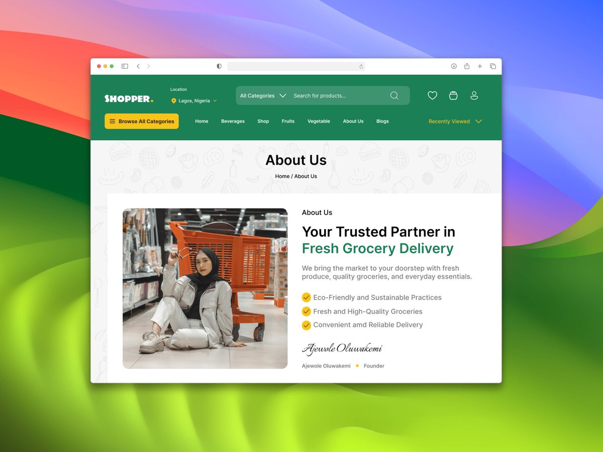 Redmix_designs's tweet photo. It was difficult to find a concept for this design- a supermarket About Us page because not a lot of online supermarket has this feature. It was a really nice challenge but here we go, clear, clean and user friendly. #PWJCommunity #jolomidesigns #jolomiomadeli #Tech #trend https://t.co/IkrYho3cxR