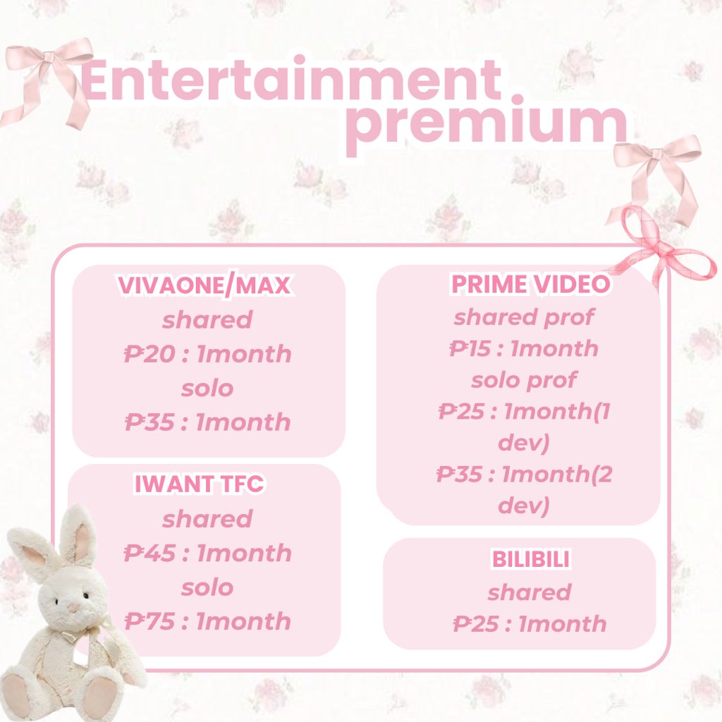 serienes_cart's tweet photo. ENTERTAINMENT PREMIUM PRICELIST

mop: gcash 

wts wtb lfs lfb lf ph prem accs buyer client wtb looking for https://t.co/C1erCeGzvm