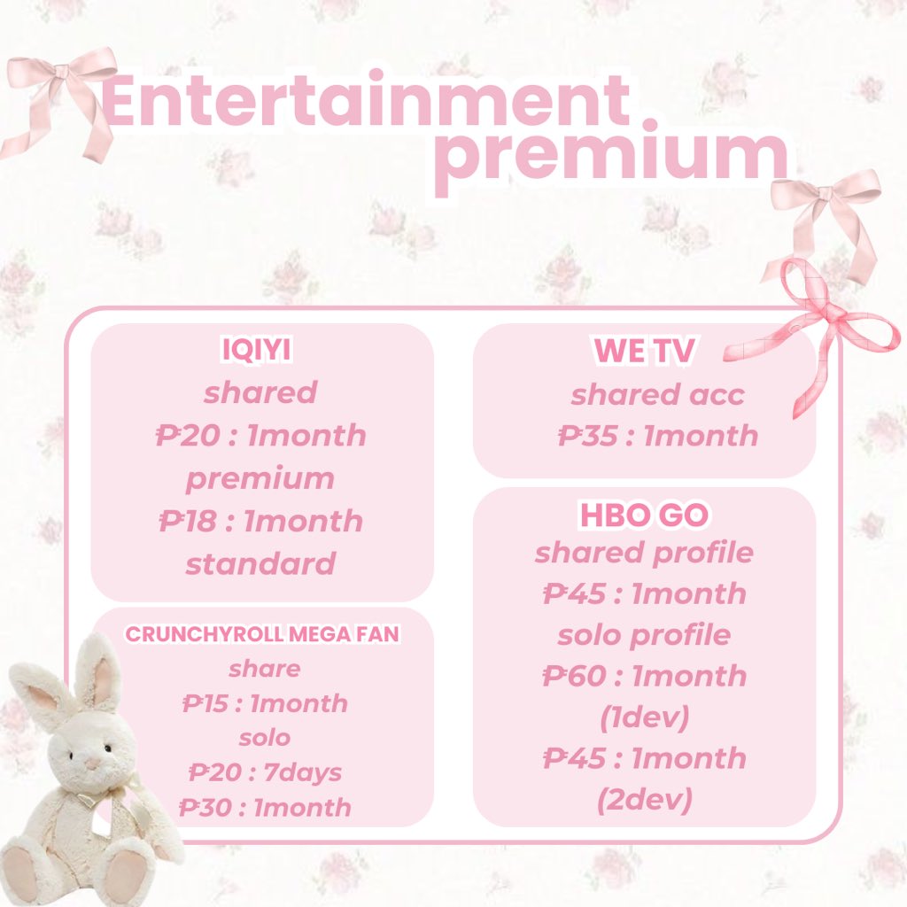 serienes_cart's tweet photo. ENTERTAINMENT PREMIUM PRICELIST

mop: gcash 

wts wtb lfs lfb lf ph prem accs buyer client wtb looking for https://t.co/C1erCeGzvm