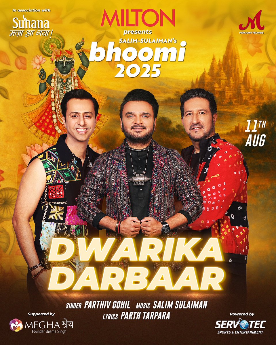 Salim - Sulaiman (@slimsulaiman) on Twitter photo Here we present the first song of #Bhoomi25 Dwarika Darbaar by <a href="/parthivgohil/">Parthiv Gohil</a> & <a href="/SlimSulaiman/">Salim - Sulaiman</a>, out 11 Aug only on our YouTube channel
<a href="/MiltonHomewares/">Milton</a> presents Bhoomi 2025, in association with <a href="/SuhanaTaste/">SuhanaTheTastemakers</a>, supported by <a href="/meghashrey_ngo/">Meghashrey NGO</a>, powered by <a href="/ServotechSports/">ServotechSports</a> stay tuned!🎶 Here we present the first song of #Bhoomi25 Dwarika Darbaar by <a href="/parthivgohil/">Parthiv Gohil</a> & <a href="/SlimSulaiman/">Salim - Sulaiman</a>, out 11 Aug only on our YouTube channel
<a href="/MiltonHomewares/">Milton</a> presents Bhoomi 2025, in association with <a href="/SuhanaTaste/">SuhanaTheTastemakers</a>, supported by <a href="/meghashrey_ngo/">Meghashrey NGO</a>, powered by <a href="/ServotechSports/">ServotechSports</a> stay tuned!🎶