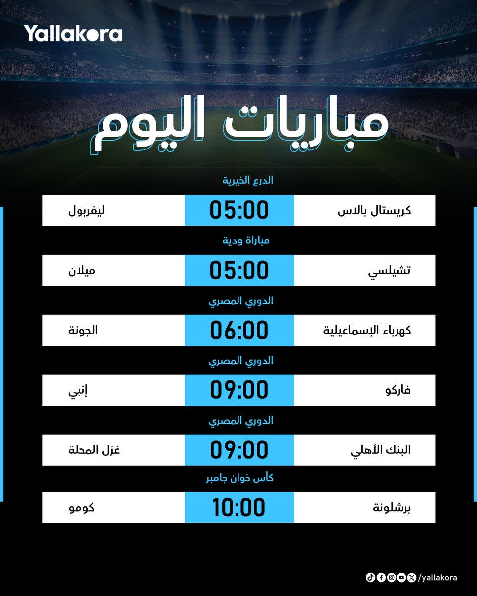 جدول مباريات اليوم.. نهائي ليفربول وكريستال بالاس.. وختام الجولة في الدوري المصري📊⚽