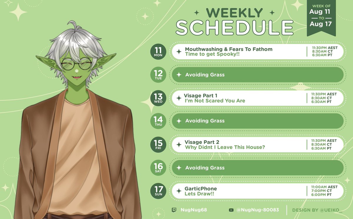 So i know i didn't end up streaming last week so this weeks schedule is the basically the same as last week just more spread out!!! Also keen for everyone to try the new emotes made by <a href="/88Studio_ID/">88 Studio</a>  
.
.
#vtuber #goblin #streamer