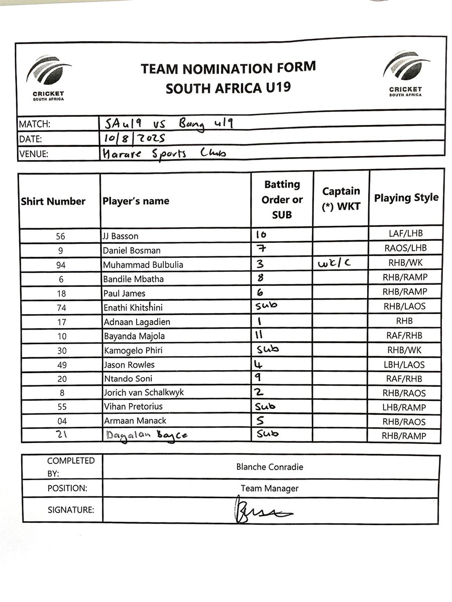 Bangladesh U19 and South Africa U19 team sheets.

#ExperienceZimbabwe #U19TriSeries #BANvSA