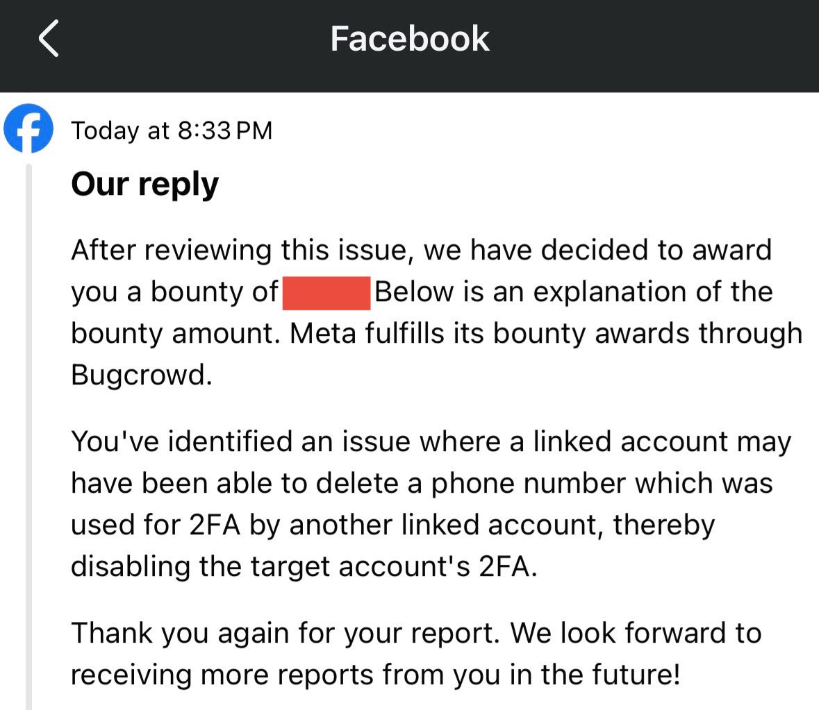 Happy to keep <a href="/Meta/">Meta</a> platforms secure by finding and reporting a 2FA bypass vulnerability
#Meta #BugBounty