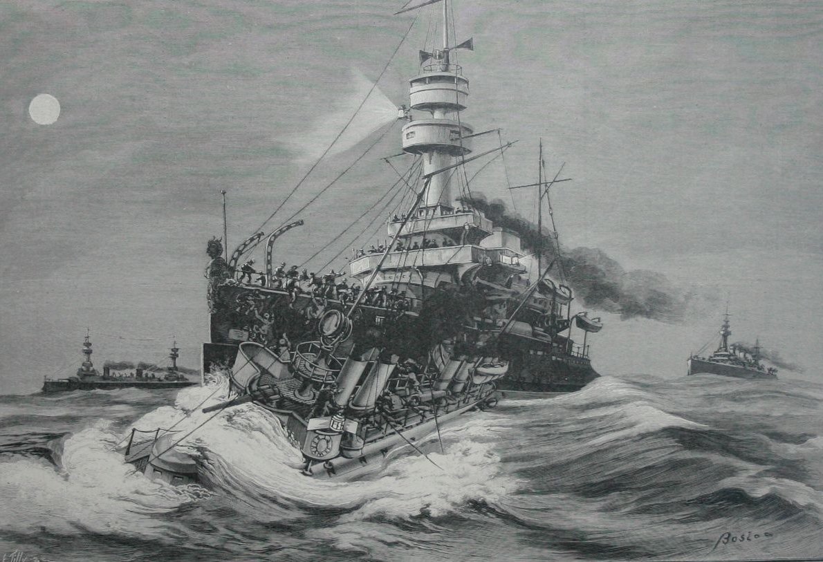 Catastrophe dans la nuit du 10 au 11 août 1900 : le contre-torpilleur français Framée heurte le cuirassé Brennus, navire amiral de l'escadre de Méditerranée, et sombre en quelques minutes au large du cap Saint-Vincent, au sud du Portugal ! 13 marins sont secourus, 48 sont tués.