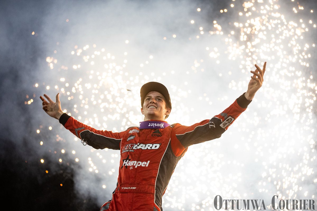 Ryan Timms, driver of the No. 10 car from Oklahoma City, celebrates winning the 64th NOS Energy Drink Knoxville Nationals at Knoxville Raceway in Knoxville, Iowa, Aug. 9, 2025. Timms became the second youngest driver to win the Nationals, at 18 years and 11 month’s old.