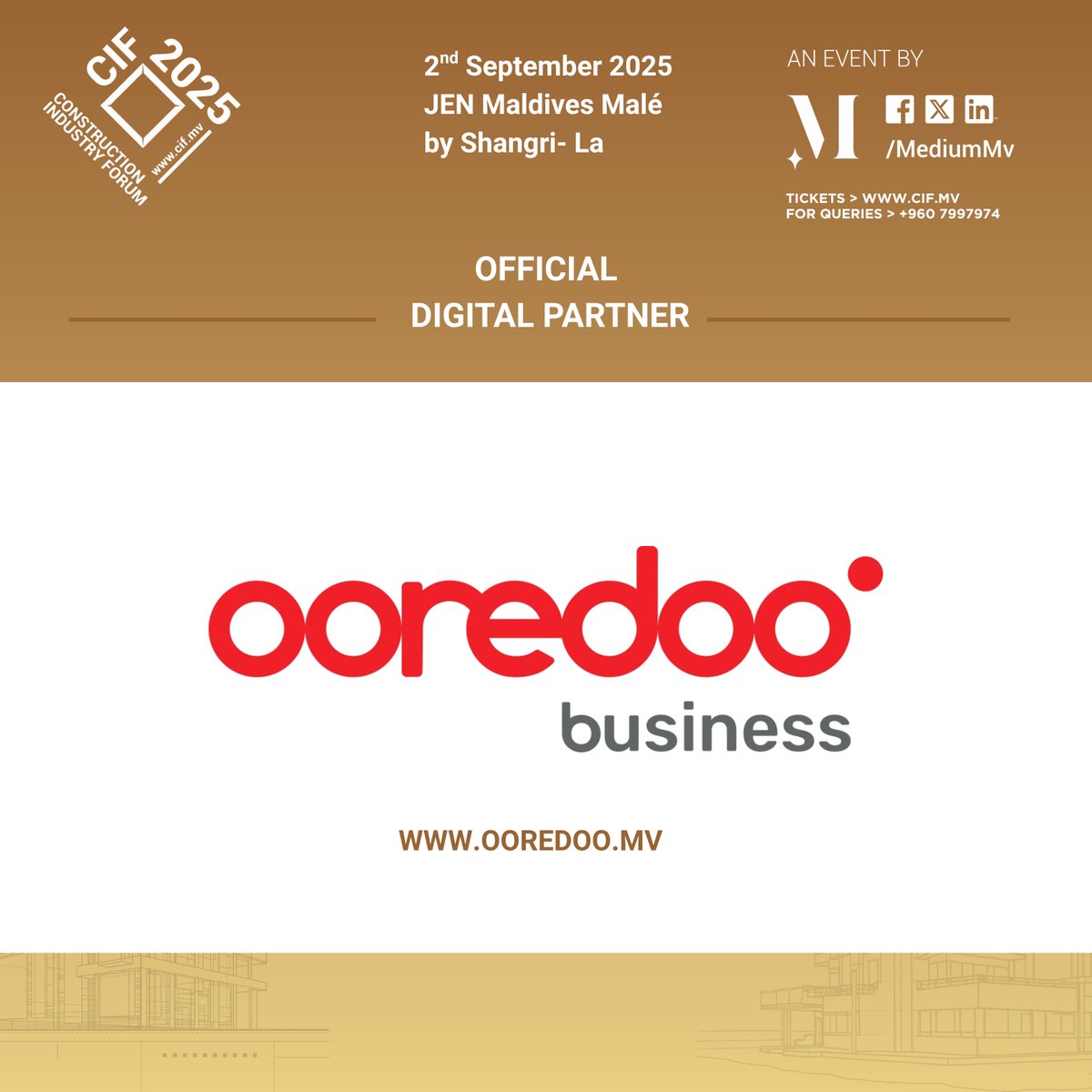 Construction Industry Forum - CIF (@cifmaldives) on Twitter photo We’re proud to have
<a href="/OoredooMaldives/">Ooredoo Maldives</a>
Join us as the Official Digital Partner for the Construction Industry Forum 2025. We truly appreciate your support and look forward to working together in driving digital innovation and connectivity across the construction industry We’re proud to have
<a href="/OoredooMaldives/">Ooredoo Maldives</a>
Join us as the Official Digital Partner for the Construction Industry Forum 2025. We truly appreciate your support and look forward to working together in driving digital innovation and connectivity across the construction industry