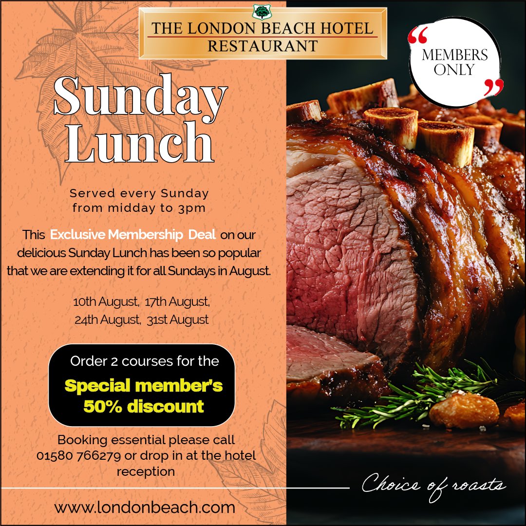 Members 😍Members 😍👀Our Exclusive Membership Deal on our delicious Sunday Lunch has been very popular, so we have extended it  to include the month of #july Indulge in two courses &amp; enjoy a fantastic 50% discount (drinks excluded). Don't miss out on this delicious opportunity