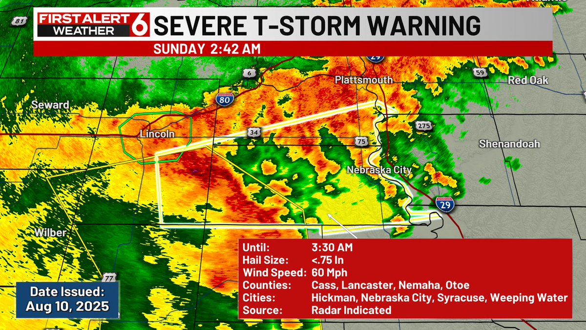 FIRST ALERT: A Severe Thunderstorm Warning is currently in effect for Otoe, Lancaster, Cass, Nemaha, Mills counties until Aug 10 3:30AM. Check the First Alert 6 Weather App and First Alert 6 on air for more information.