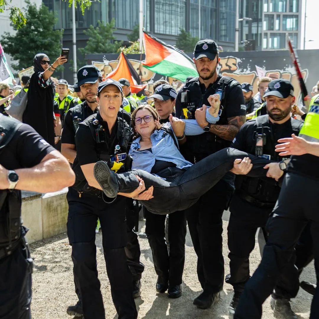 Is this democracy? Sixteen vans, forty cops for one lone woman in Cardiff with a sign against genocide, supporting a direct action group who oppose arms dealers making billions from it. She apparently offended the sacred right of arms companies to sell death unmolested.