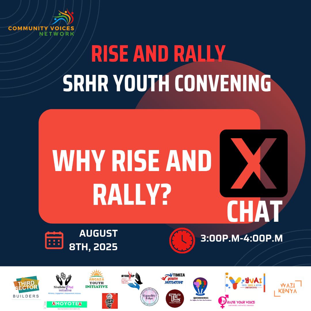 <a href="/Timiza_CC/">TIMIZA YOUTH INITIATIVE (CBO)</a> <a href="/KombeMartha/">martha kombe◢◤</a> <a href="/RitahAnindo/">Ritah Anindo Obonyo</a> <a href="/SautiZetu254/">Community Voices Network</a> <a href="/RaiseYourV_oice/">Raise Your Voice CBO</a> This national convening is not just a meeting , it’s a collective action to rewrite Kenya’s reproductive health story through youth-led leadership in urban and marginalized communities.

#RiseAndRally 
#CommunityVoices