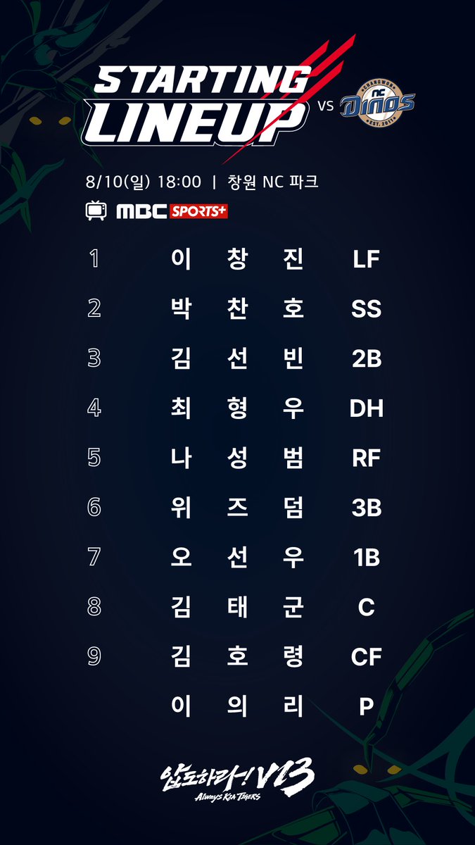오늘(8/10) 경기 선발 라인업입니다