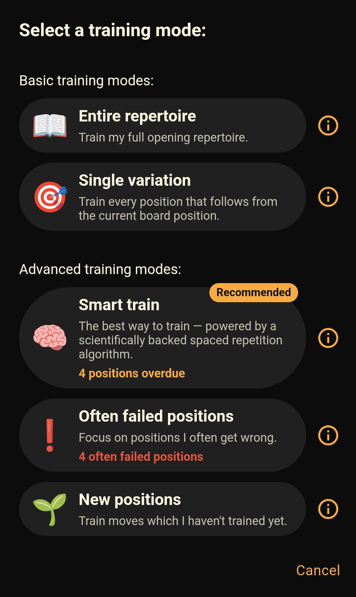 ChessPrepPro's tweet image. 🧠 NEW: Smart Train with spaced repetition!

Master chess openings 3x faster using science-backed memory techniques. The app learns what you forget and drills it more.

150k+ players never forget their prep anymore 📱

#ChessTraining #SpacedRepetition #ChessApp #Chess