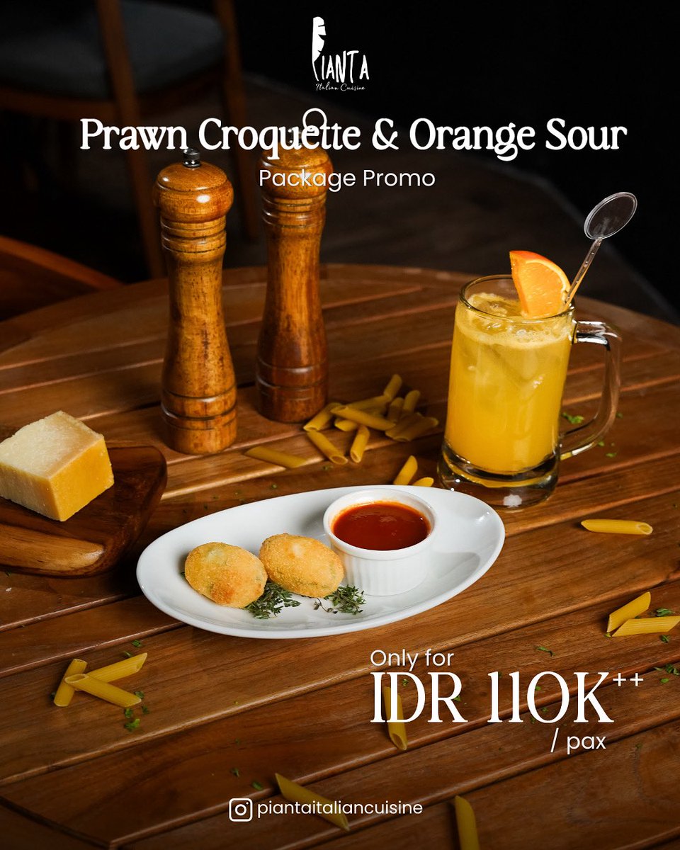 pianta_id's tweet photo. 🍤🍊 Crispy Meets Zesty!
Golden Prawn Croquette served with rich dipping sauce, perfectly paired with a refreshing Orange Sour — a match made for your taste buds!

✨ Only IDR 110K++ / pax ✨
Available now at Pianta Italian Cuisine.

#PiantaItalianCuisine #JakartaEats https://t.co/rjLL1tkucv