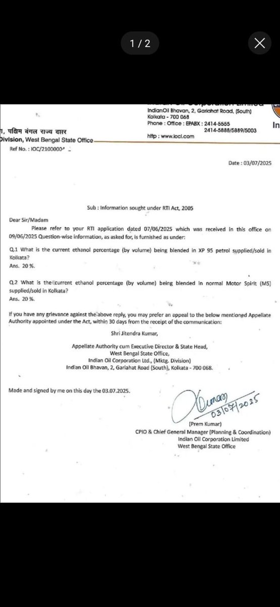 HemantSirohi1's tweet image. Breaking: “Premium” #XP95 isn’t a futuristic fuel — it’s regular petrol with 20% #Ethanol + additives, confirms @rtiindia reply from @IndianOilcl. Marketed as cutting carbon &amp;amp; boosting engines, but they forgot to mention which cars it’s actually for. @ascionline, science-backed
