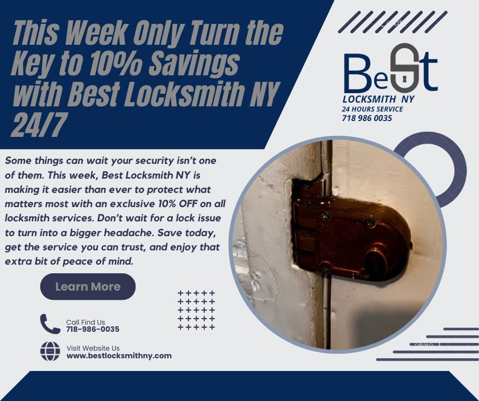BestLocksmithNY's tweet image. Best Locksmith NY steps in and this week, we’re giving you 10% OFF all locksmith services to make sure your story stays safe.
Valid 10 Aug - 17 Aug
share.google/9iiw2NPFPzB4TC…
(718) 986-0035
bestlocksmithny.com
#BestLocksmithNY #DoorLockRepair #LockMaintenance