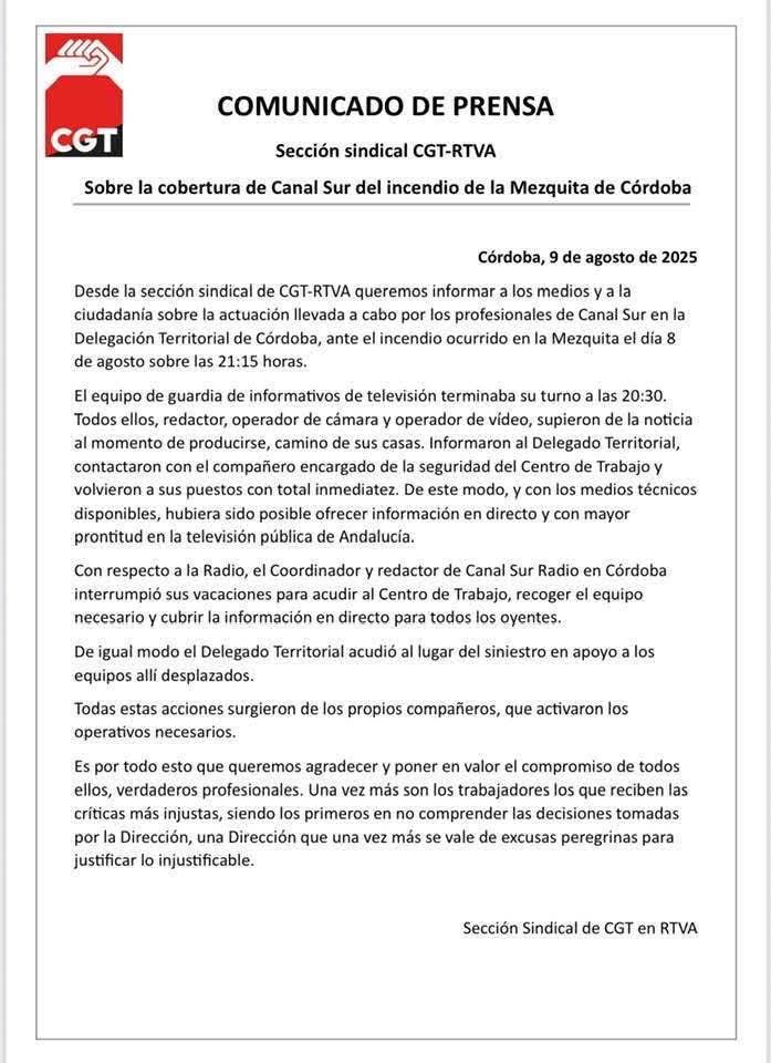 “Sobre la cobertura de Canal Sur del incendio en la Mezquita de Córdoba” vía <a href="/CGTRTVA/">CGT-RTVA</a> 
#MezquitaDeCórdoba #CanalSur #Andalucía